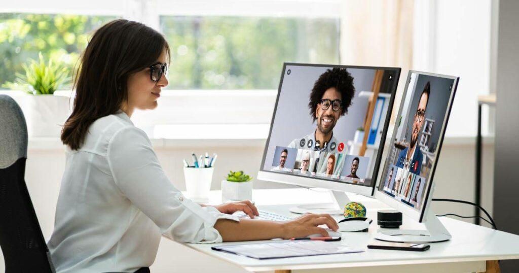 woman on virtual call with multiple people