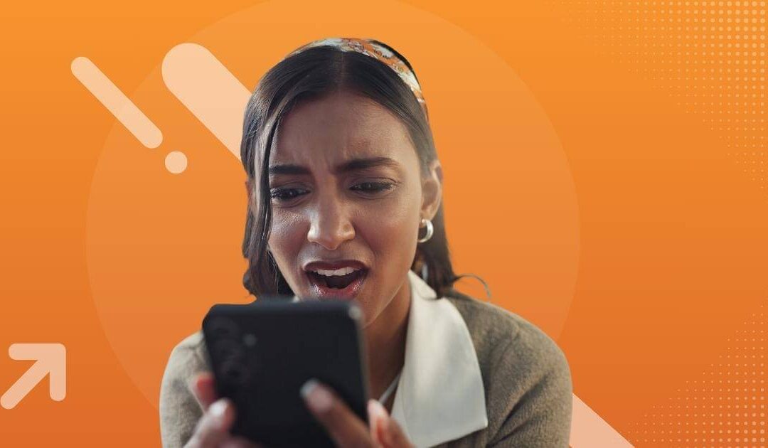 disgusted woman looking at job scam text on phone