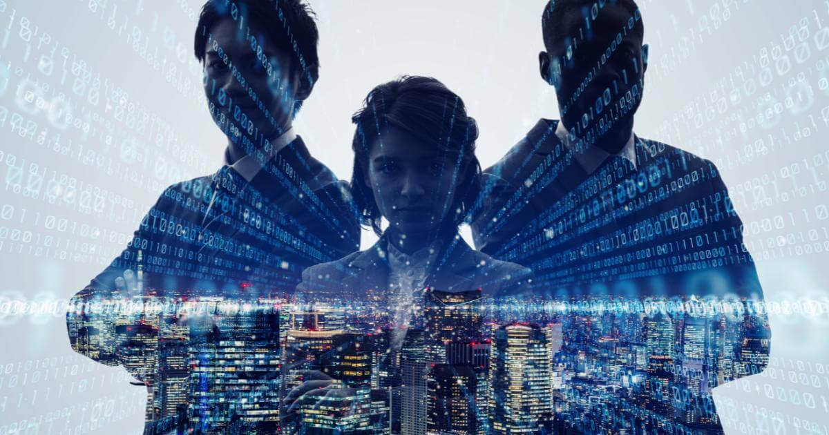 three cybersecurity experts with data overlay