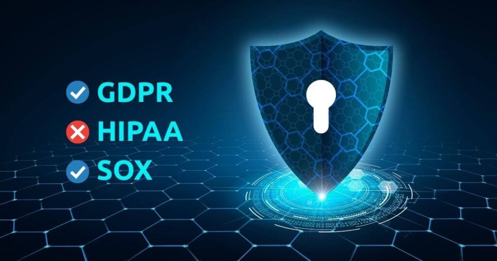A lock and shield overlayed with regulatory acronyms (GDPR, HIPAA, SOX).