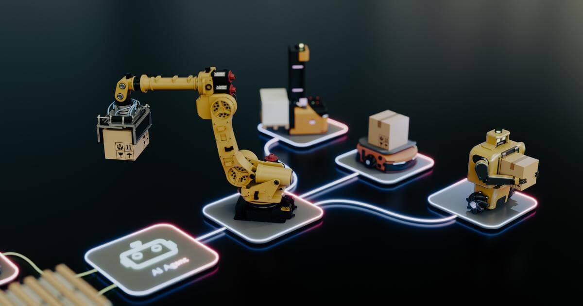 Hiring for Agentic AI cover Robotic arms connected in an automated workflow, representing an agentic AI system in action