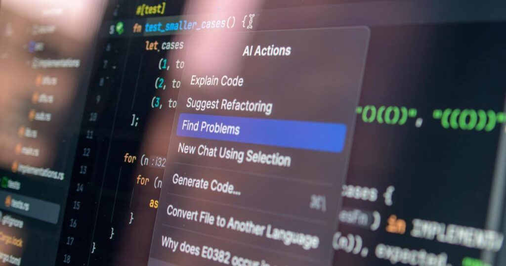 Code editor showing AI actions like 'Find Problems' — the failure and eval handling a real agentic builder can explain