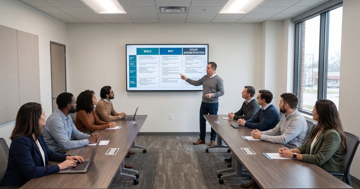 Build v Buy v Staff cover it team meeting, looking at screen that compares build vs buy vs staff options for AI initiative