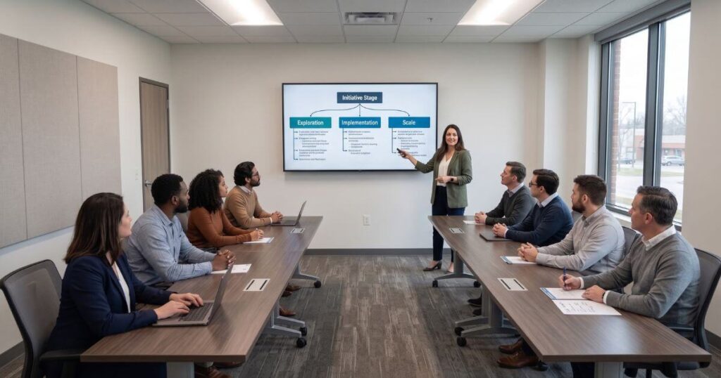 IT team meeting discussing the intiative stages of exploration, implementation, and scale