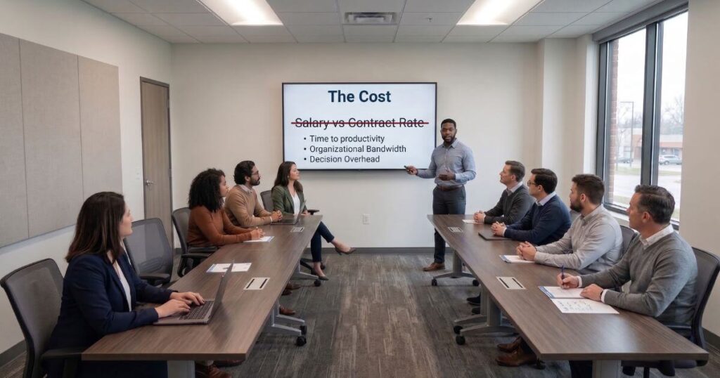 IT team discussing the costs of build vs buy vs contract staff